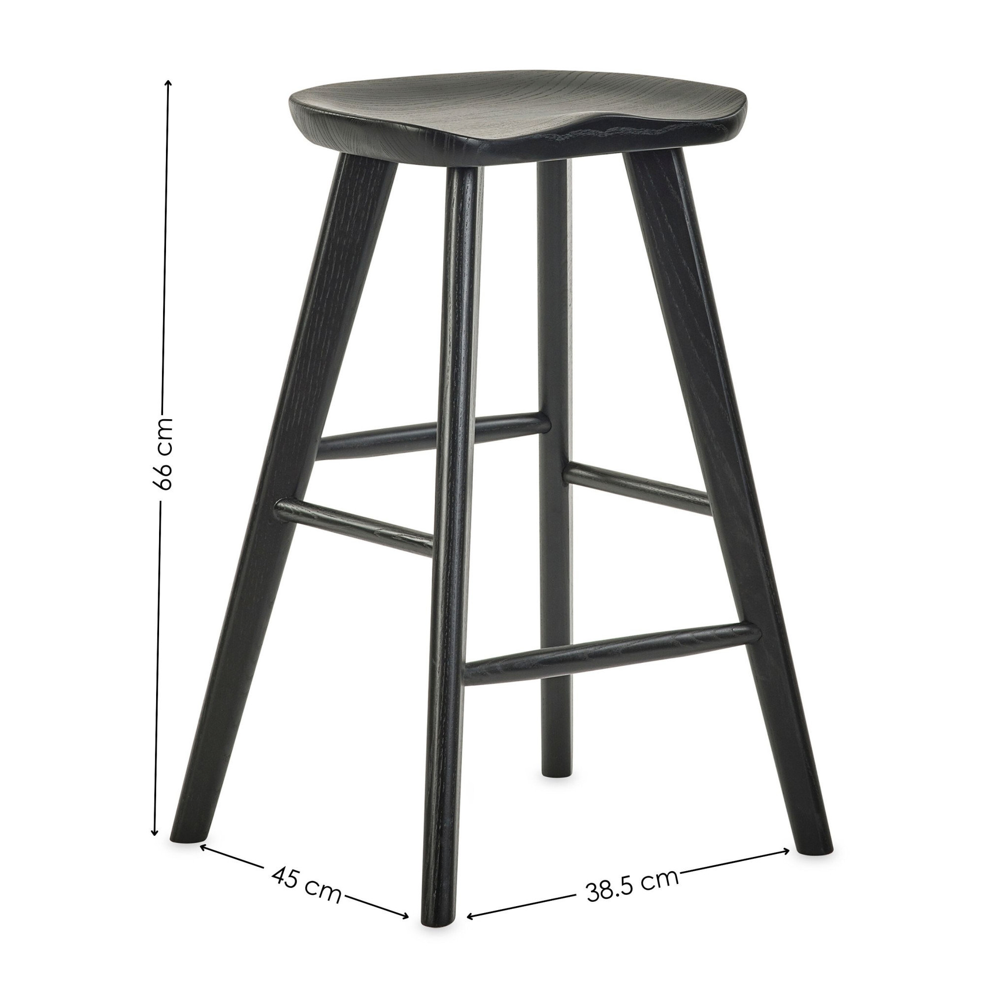 image cut out on white background of black oak bar stool with black arrow line dimensions to indicate sizing