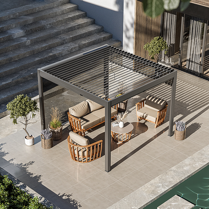 image of aluminium pergola with side shades over a luxury lounge set