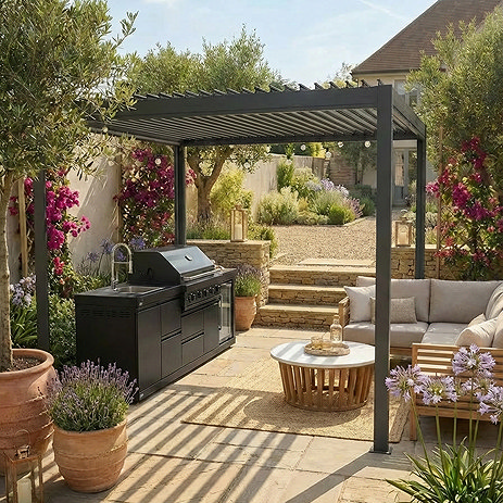 image of aluminium pergola with roof over outdoor bbq and lounge set