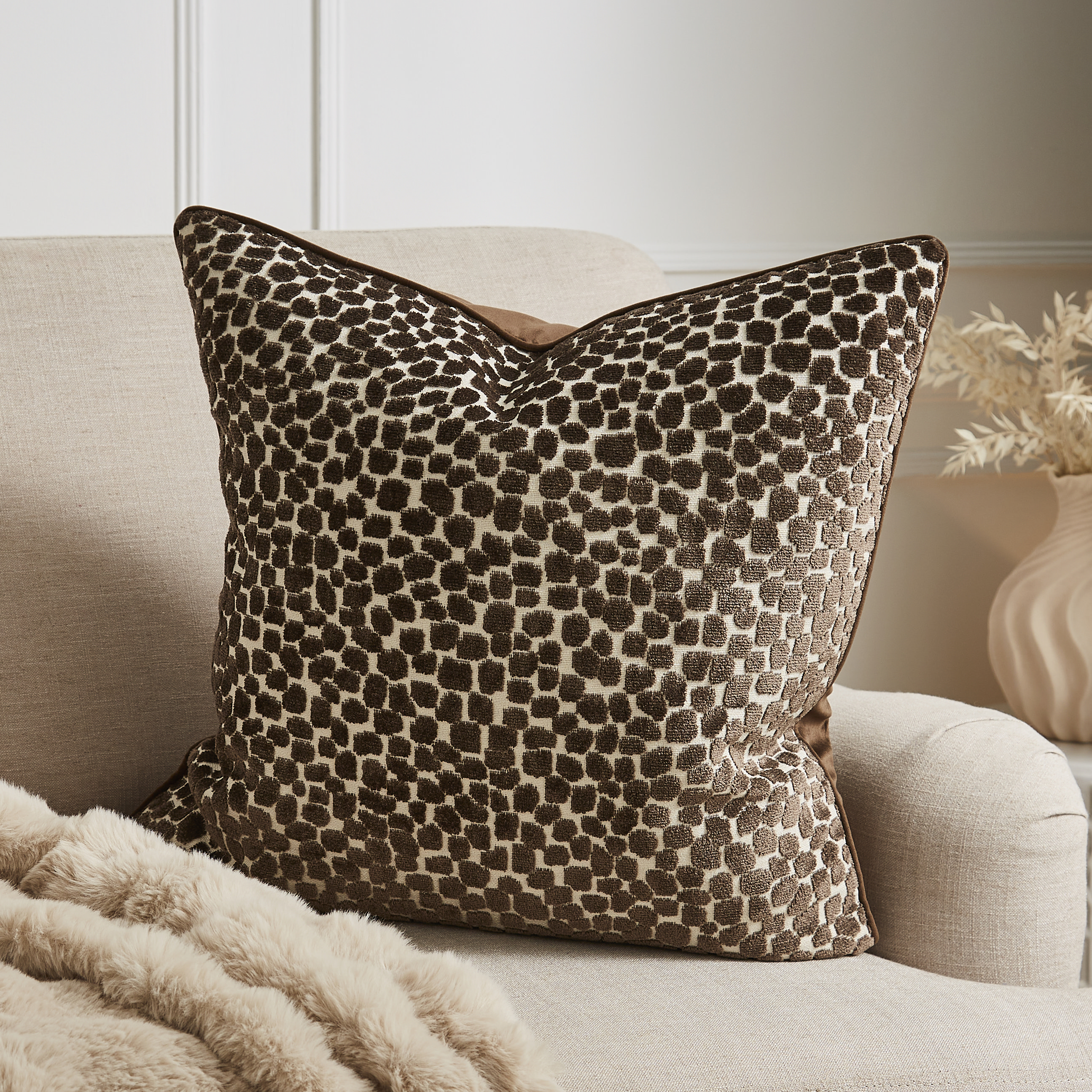 Luxury Chocolate Brown Abstract Dot Velvet Cushion MFI — free download