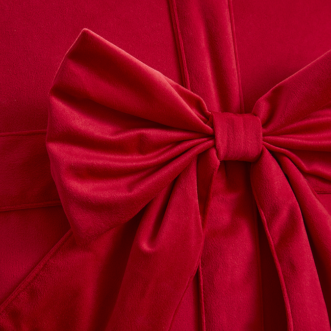 close up image of red velvet cushion with bow detailing