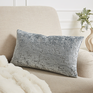 image of ice blue rectangular cushion with distressed ice blue design