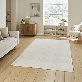 image of cream checkered rug on light wooden flooring of modern loft apartment