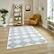 image of cream and grey diamond checkered rug on light wooden flooring of modern loft apartment