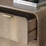 close up on fluted mango wood drawer slightly open to reveal inner contraption, with smooth rounded edge