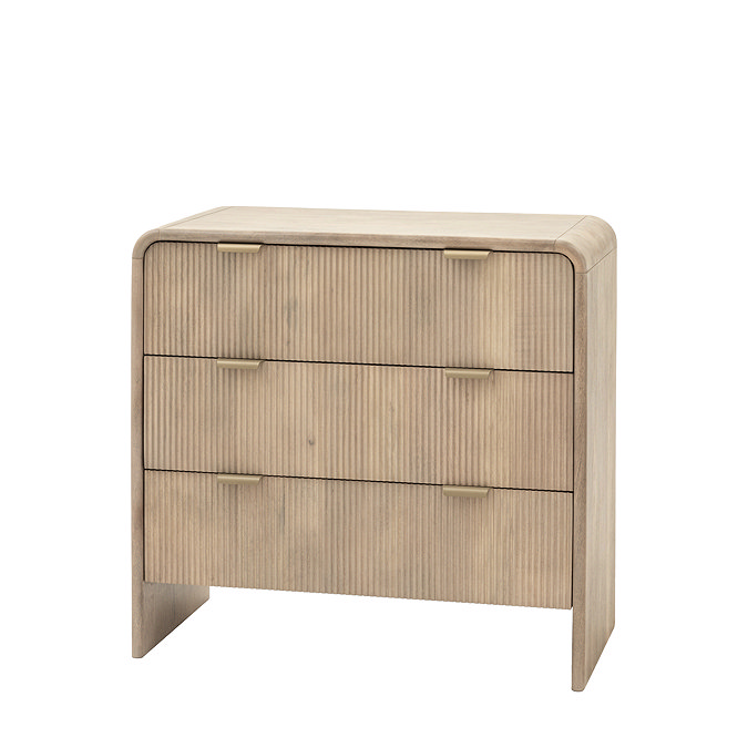 image cut out on white background of rounded mango wood three drawer chest