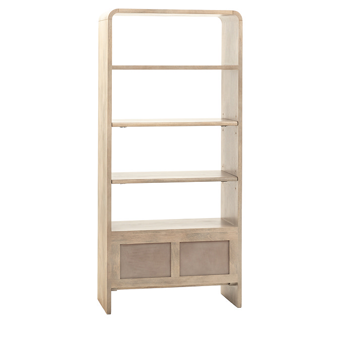 image cut out on white background of back of tall mango wood open shelving unit
