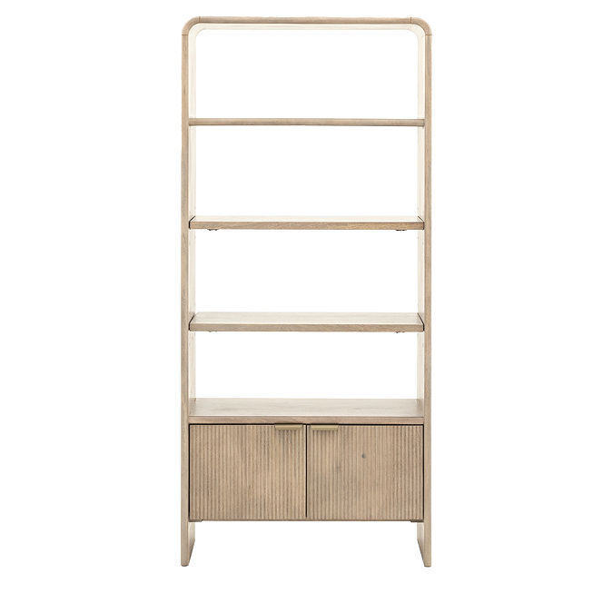 image cut out on white background of mango wood open shelving unit with two bottom drawers