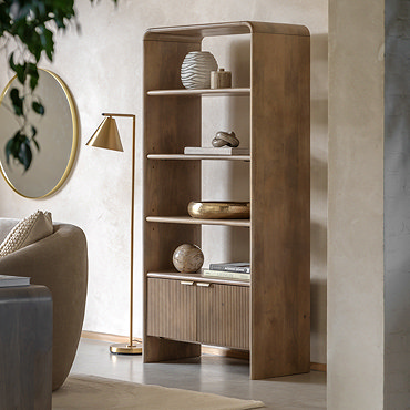 close up image of smooth mango oak shelves of unit, with decorative gold bowl on shelf