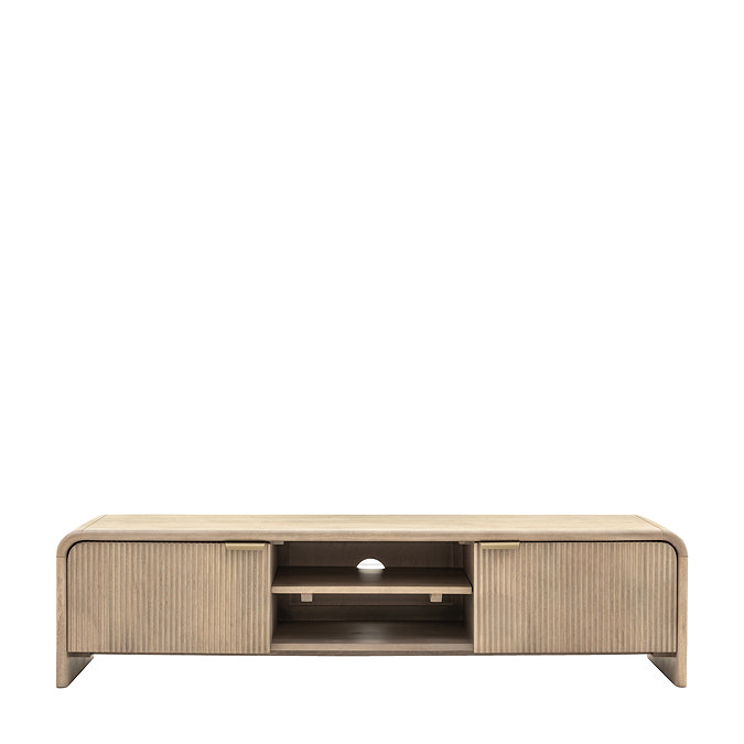 image cut out on white background of mango wood tv unit, empty to show middle shelves and two fluted drawers either side