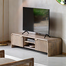 image of mango wood media unit with tv on top, two fluted drawers on either side of two shelves