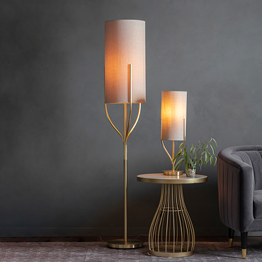 close up image on rectangular linen-effect shade of tall floor lamp