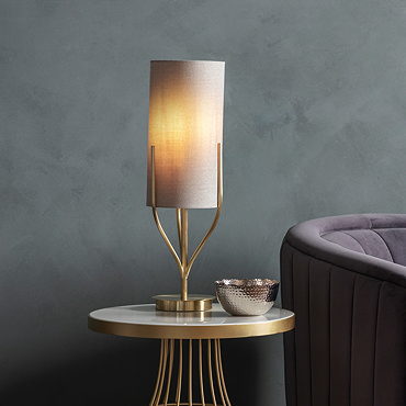 close up on body of conical table lamp with brushed gold base