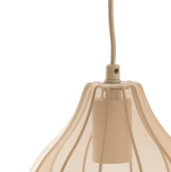 close up on natural coloured delicate shade of pendant ceiling light, showing where cable of lamp goes into shade