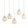 image cut out on white background of 5 pendant lights with delicate shades