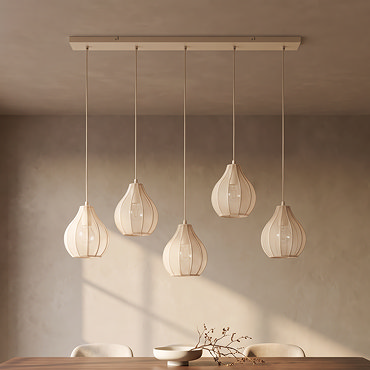 cut out of five pendant light, glowing with inner bulbs