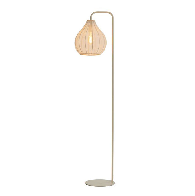 image cut out on white background of tall natural coloured floor lamp with flower bud style shade