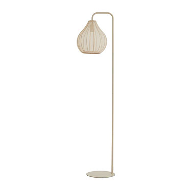 image cut out on white background of tall natural coloured floor lamp with flower bud style shade