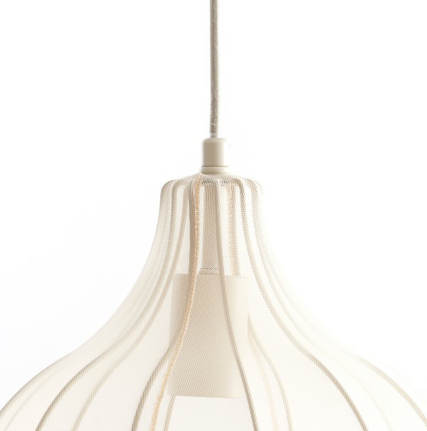 close up image of top of flower-bud shaped sheer lamp shade of pendant light