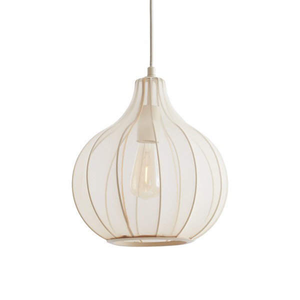 image cut out on white background of hanging ceiling light turned on in sheer flower-bud shaped shade