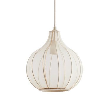 image cut out on white background of hanging ceiling light turned on in sheer flower-bud shaped shade