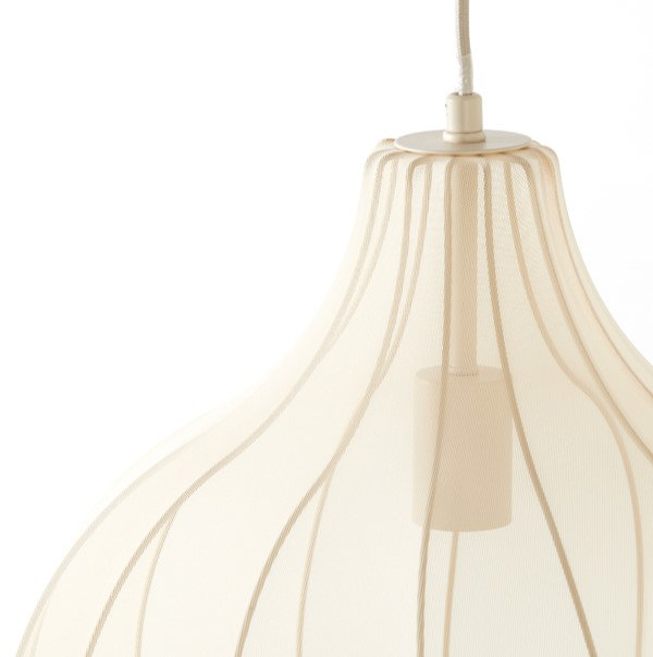 close up image of delicate sand coloured light shade, showing where cable goes into the shade