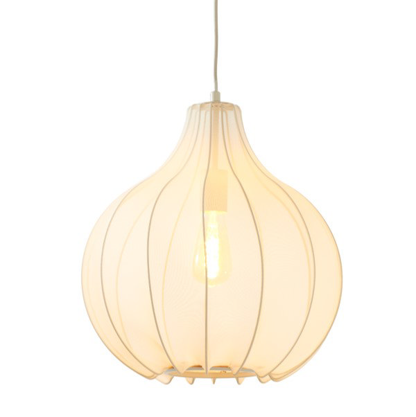 image cut out on white background of sand coloured hanging light with delicate shade, bulb inside emitting warm light