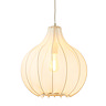 image cut out on white background of sand coloured hanging light with delicate shade, bulb inside emitting warm light