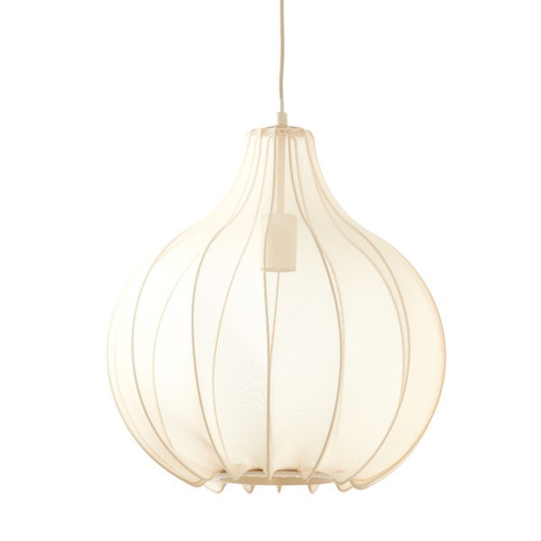 image cut out on white background of hanging pendant light with delicate shade