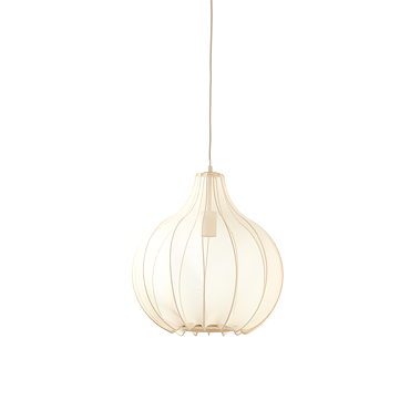 image cut out on white background of sand coloured hanging light with delicate shade, bulb inside emitting warm light