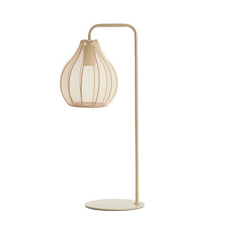 image cut out on white background of table lamp in sand colour with delicate flower-bud shaped see-through shade