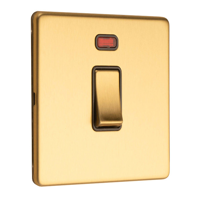 Satin brass double pole switch with neon side angle