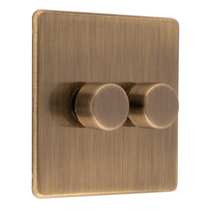 Antique brass double dimmer light switch side angle