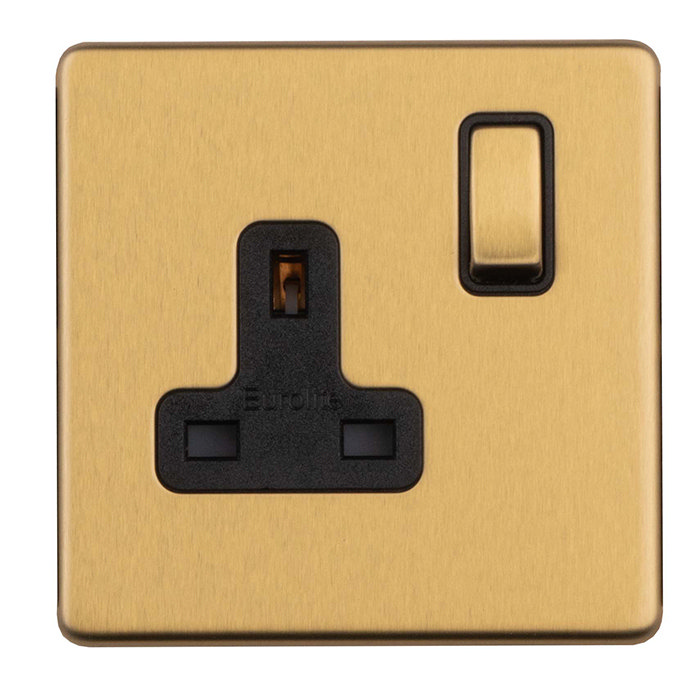 Single Switched Socket Satin Brass Cut Out
