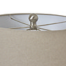 close up on top of linen lamp shade with metal ball detail