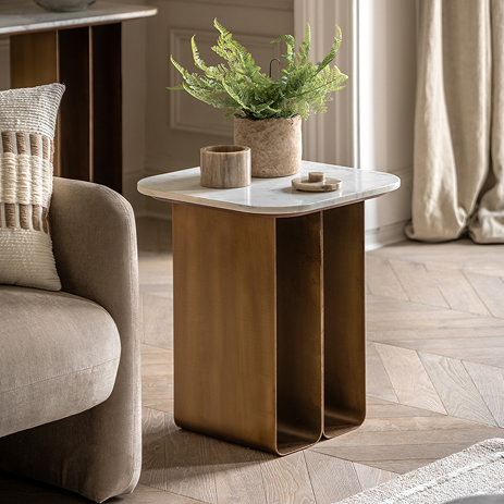 image of gold base side table with marble tabletop