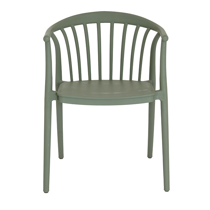front on image of french grey plastic dining chair with spindled back and rounded armrests
