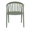 front on image of french grey plastic dining chair with spindled back and rounded armrests