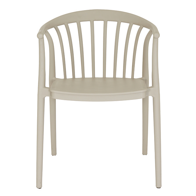 front on image cut out on white background of putty grey plastic garden chair with slatted back and rounded arms