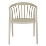 front on image cut out on white background of putty grey plastic garden chair with slatted back and rounded arms