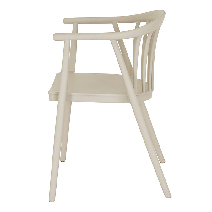 side on image cut out on white background of putty grey plastic dining chair with slatted back and round arms