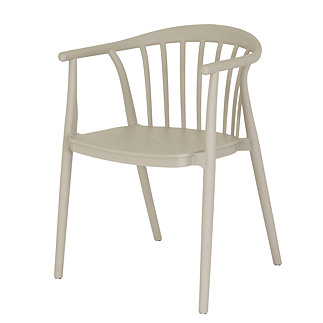 image cut out on white background of putty grey dining chair with slatted back and rounded arms