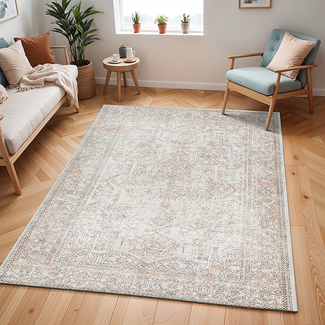 image of brown-toned floral vintage rug on light wood flooring of modern apartment