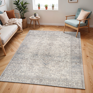 image of large grey vintage floral patterned rug on light wood floor of modern apartment