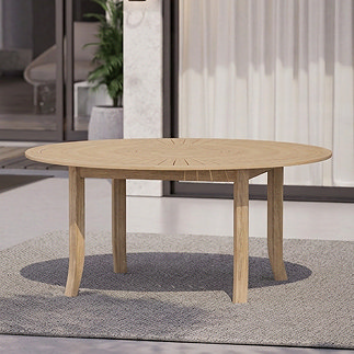 image of round acacia wood dining table with patterned top