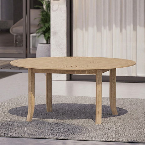 image of round acacia wood dining table with patterned top