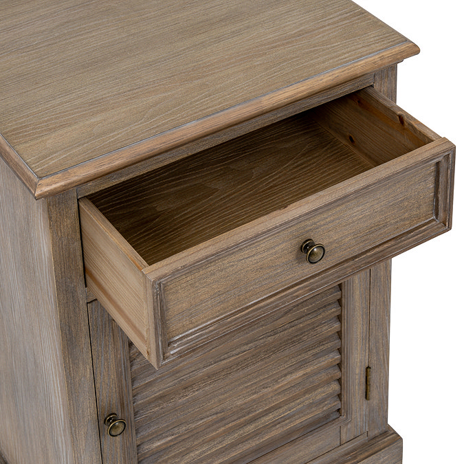 Marlow bedside table close up stock image of open drawer