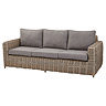 image cut out on white background of rattan 3 seater lounge sofa, with plush grey cushions