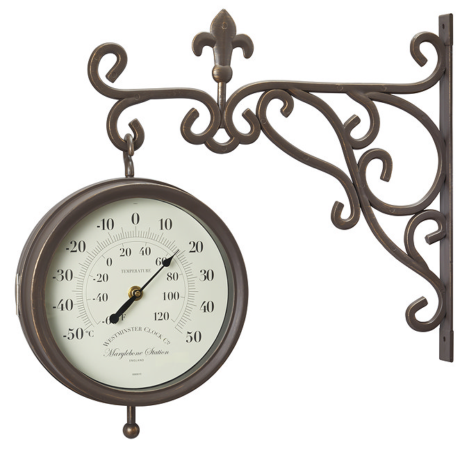 image cut on white background of thermometer side of station wall clock