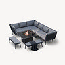 cut out image of grey corner lounge set and benches around a fire pit table